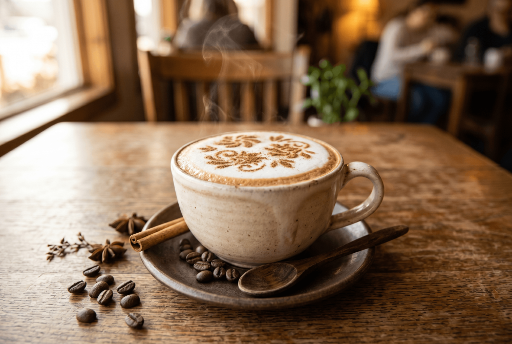 Lion's mane latte in mok met opgeschuimde melk en kaneel