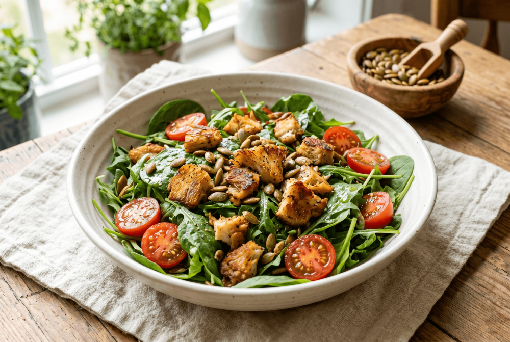 Frisse salade met pruikzwam, cherrytomaten en geroosterde pitten