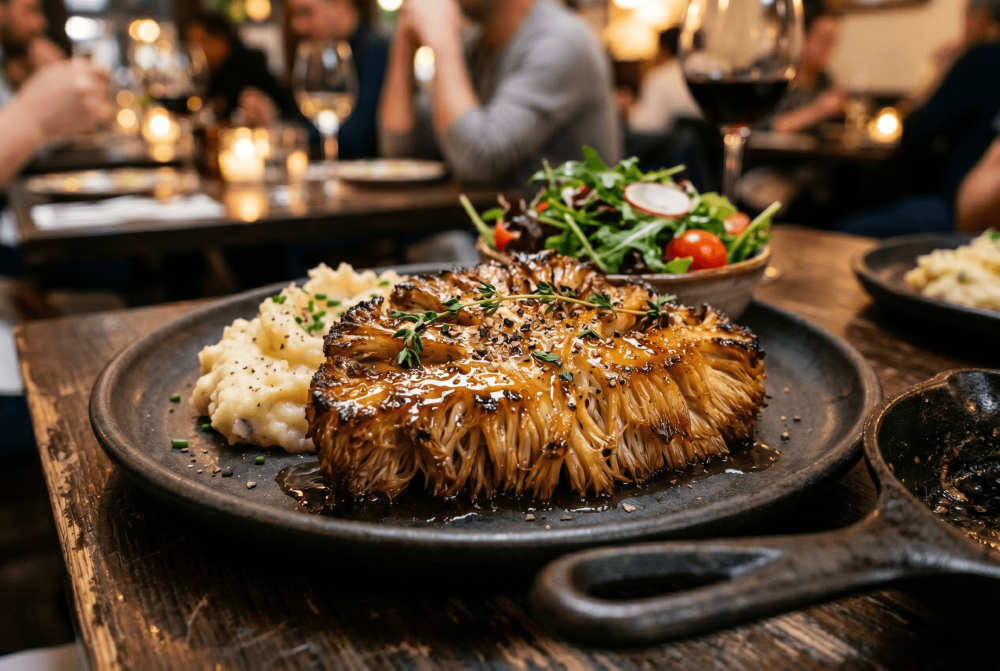Pruikzwam steak goudbruin gebakken met honing-tamari glazuur