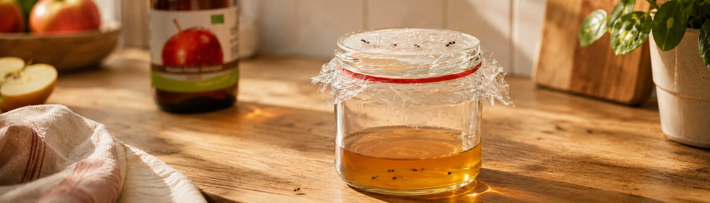 Glas met folie er over, en appel azijn er in als val voor fruitvliegjes