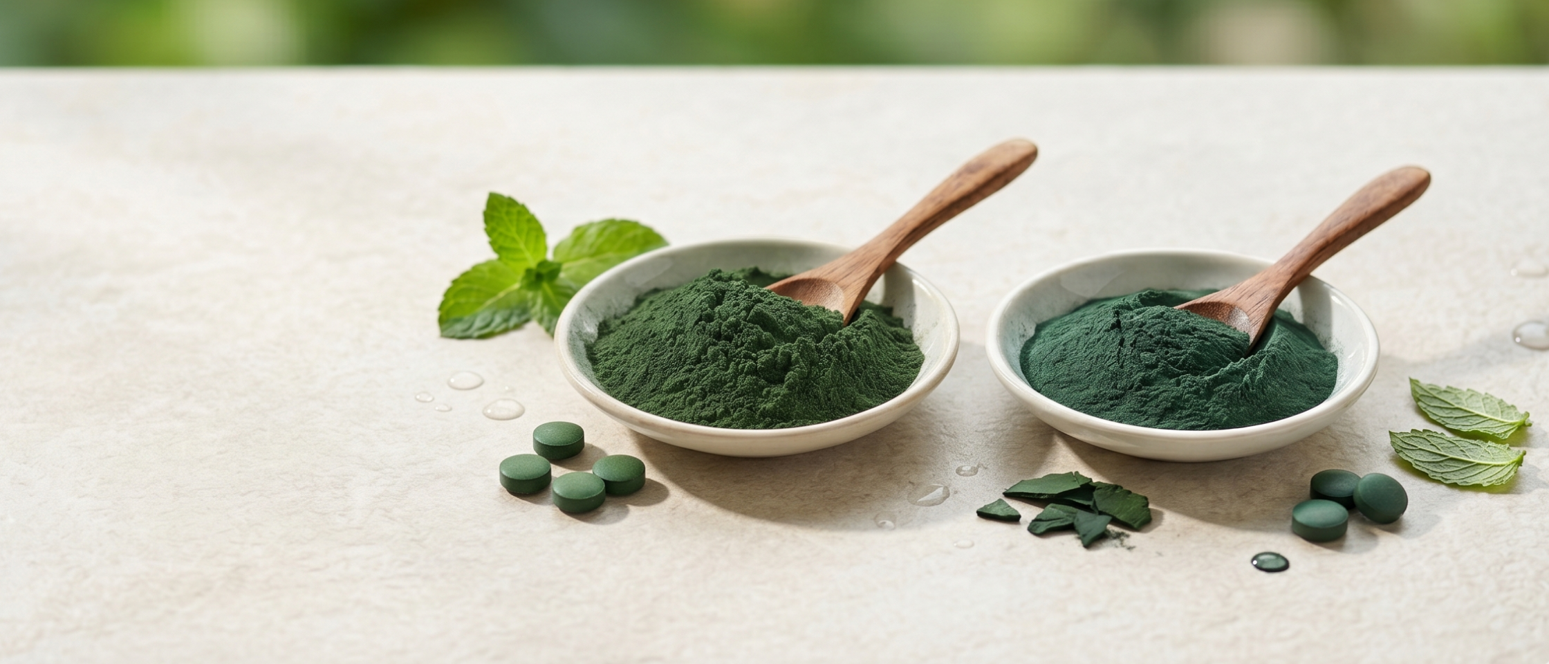 Biologisch chlorella poeder en spirulina poeder naast elkaar