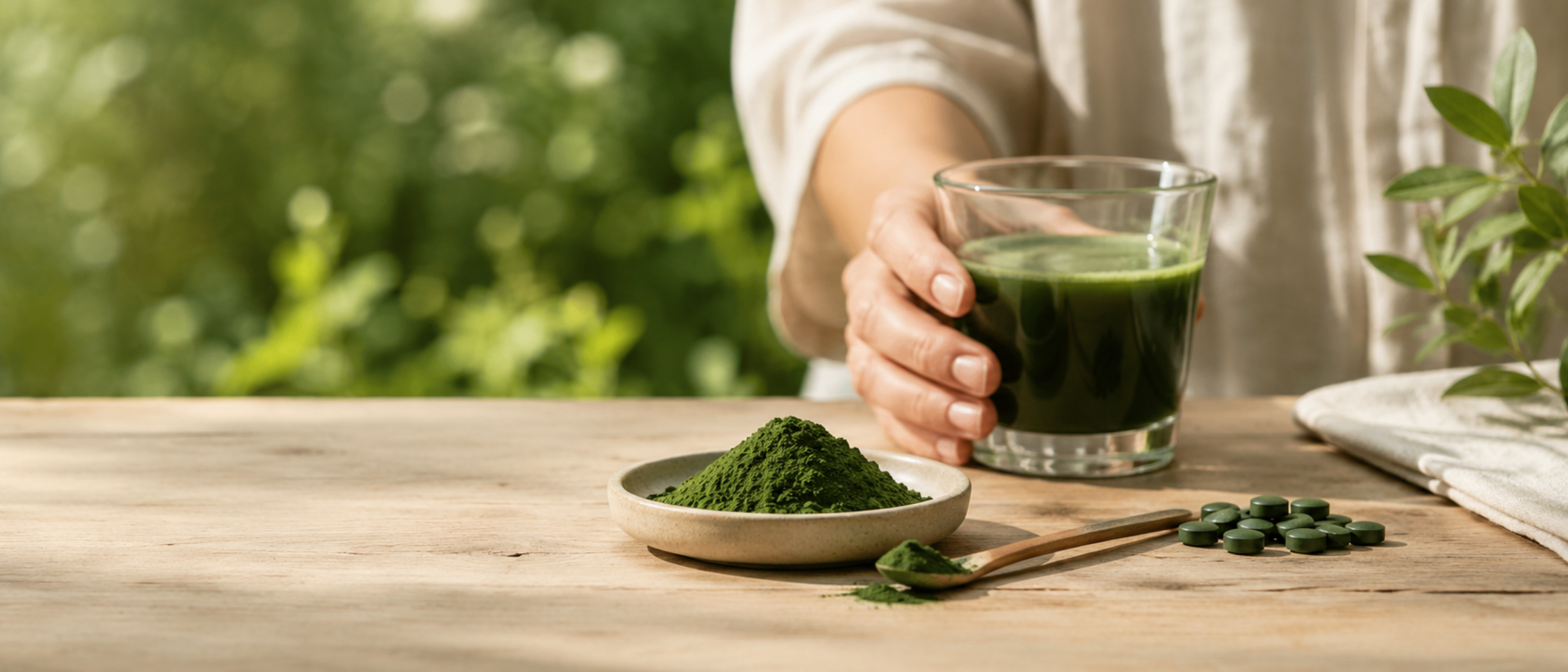 Chlorella poeder, tabletten en chlorelladrank in een glas