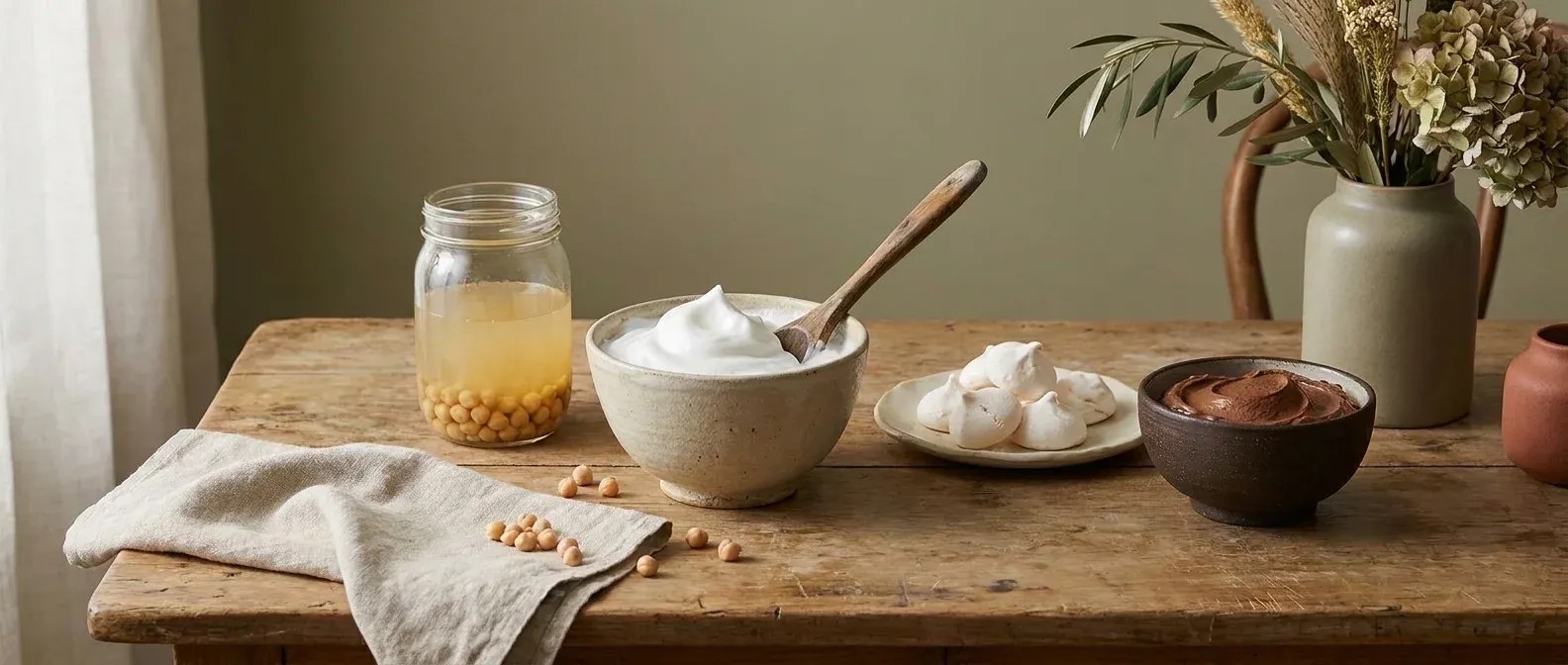 Aquafaba kookvocht en plantaardig eiwitvervanger voor mousse en merengue