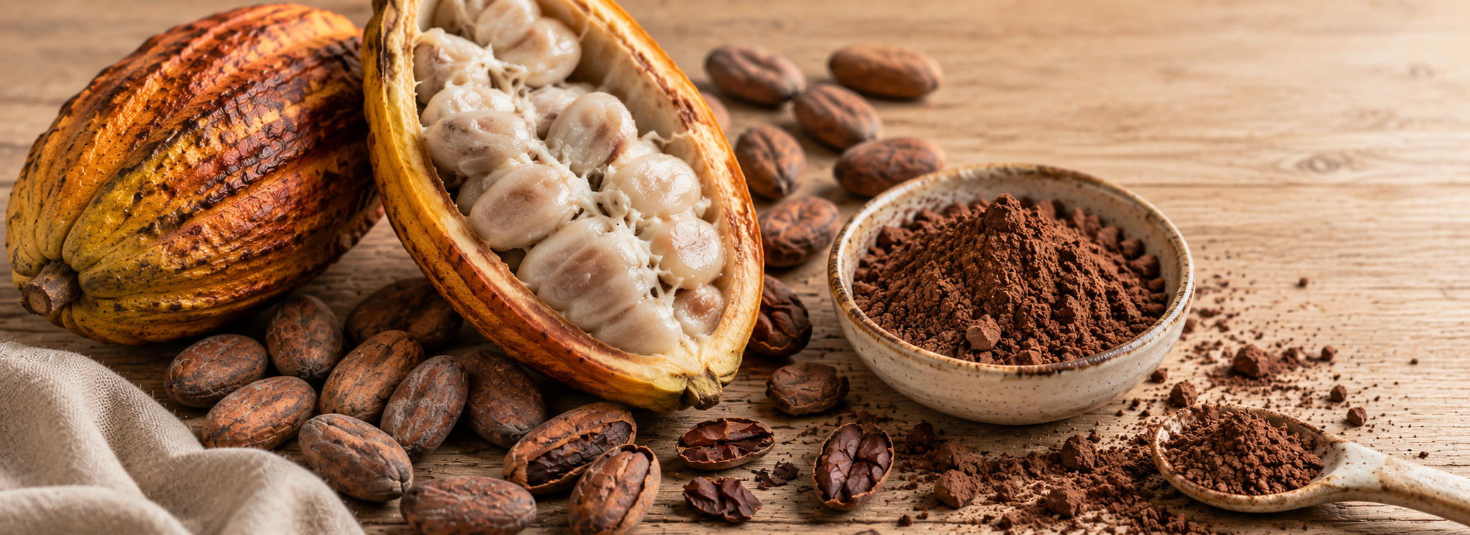 Verse geopende cacaovrucht met cacaobonen en rauw cacaopoeder op een warme houten ondergrond.