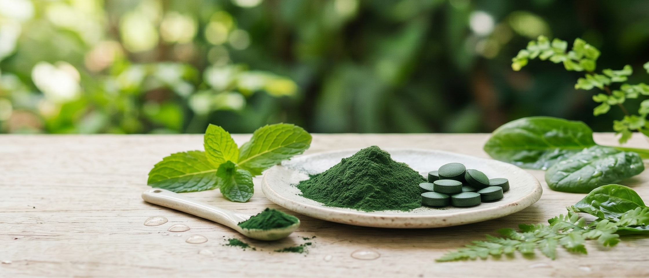 Biologisch chlorella poeder en tabletten met muntblaadjes