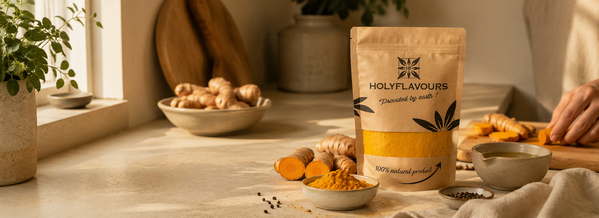 HOLYFLAVOURS kurkuma met verse kurkumawortel, kurkumapoeder en zwarte peper in een warme, natuurlijke Japandi keuken.
