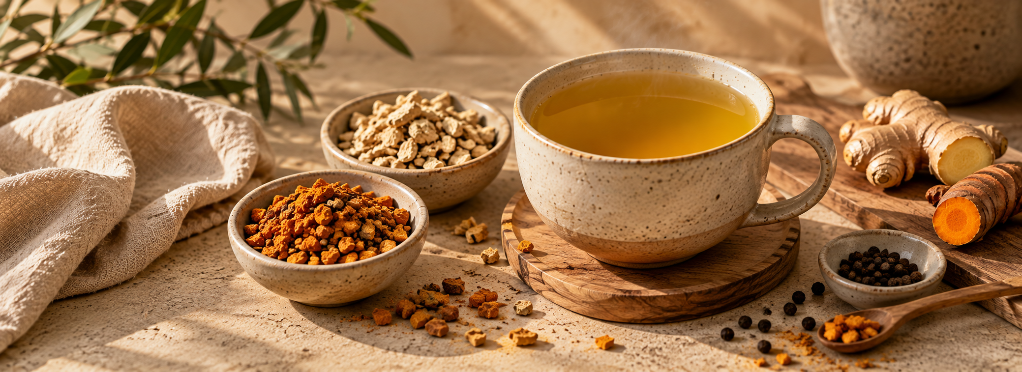 Warme kurkuma-gemberthee met gedroogde kurkuma en gember, verse wortels en zwarte peper.