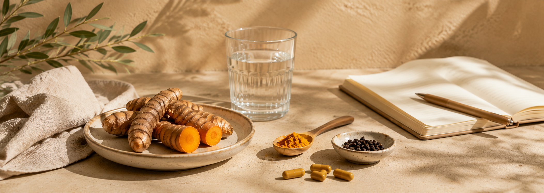 Kurkumawortel, kurkumapoeder en capsules met zwarte peper en een glas water.