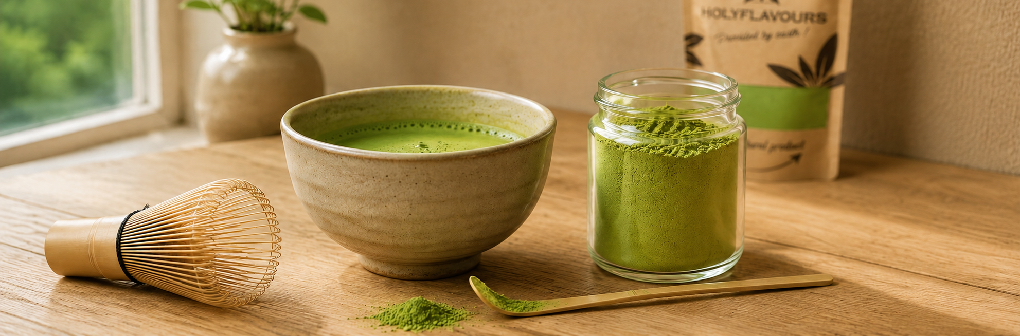 matcha in een kom en in een pot