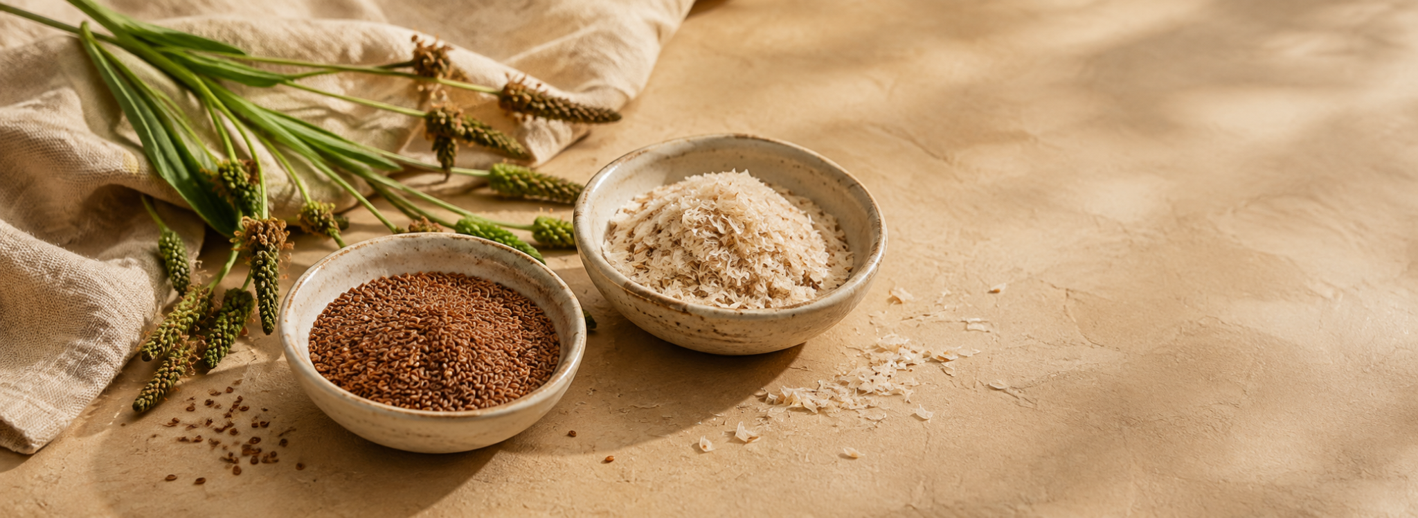 Vlozaad en psyllium husk naast de Plantago ovata-plant, waarbij het verschil tussen het hele zaad en de schil zichtbaar is.Vlozaad en psyllium husk naast de Plantago ovata-plant, waarbij het verschil tussen het hele zaad en de schil zichtbaar is.