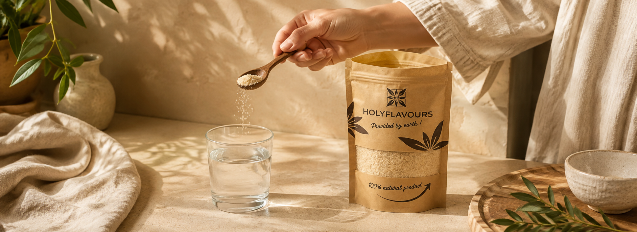 Psyllium husk uit een HOLYFLAVOURS-verpakking wordt met een lepel aan een glas water toegevoegd.