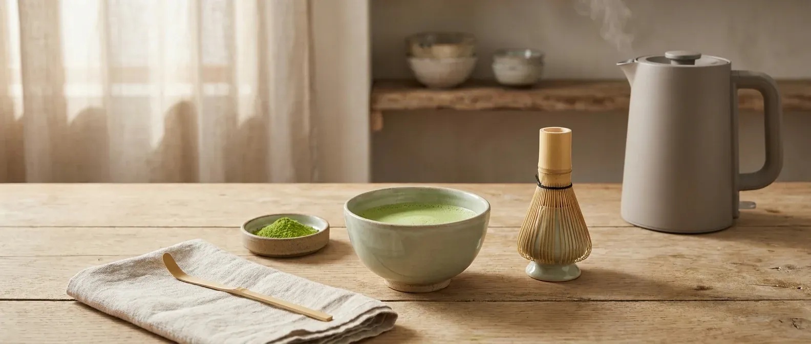 Een kleine hoeveelheid schuimende matcha in een keramische kom op een houten tafel. Ernaast staan een bamboe klopper op een houder, een lepeltje, een schaaltje matchapoeder en een waterkoker op de achtergrond.