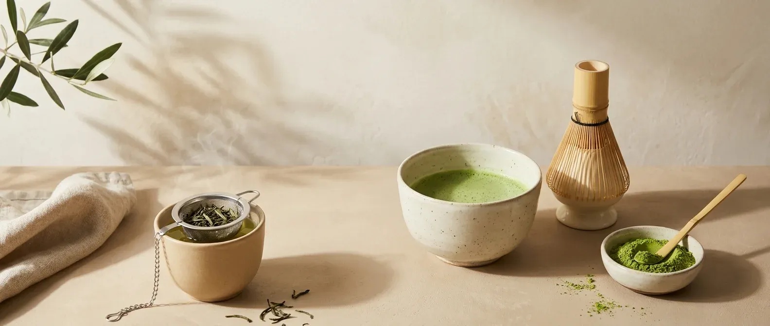 Matcha en groene thee naast elkaar: kom matcha met garde en kopje met losse theebladeren in een zeef